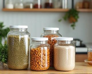 Barattoli di vetro con legumi e spezie in una cucina ordinata