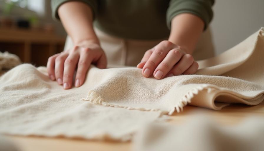 Mani che selezionano tessuti naturali e materie prime etiche